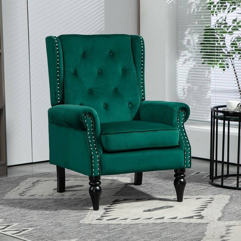 Transitional Wingback Accent Chair Armchair with Sturdy Wood Legs - Velvet - Green