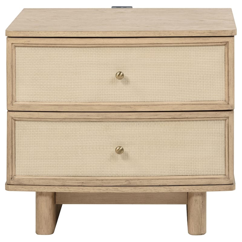 Lno Nightstand, 2 Cane Accent Drawers w Brass Knobs, USB, Oak Beige