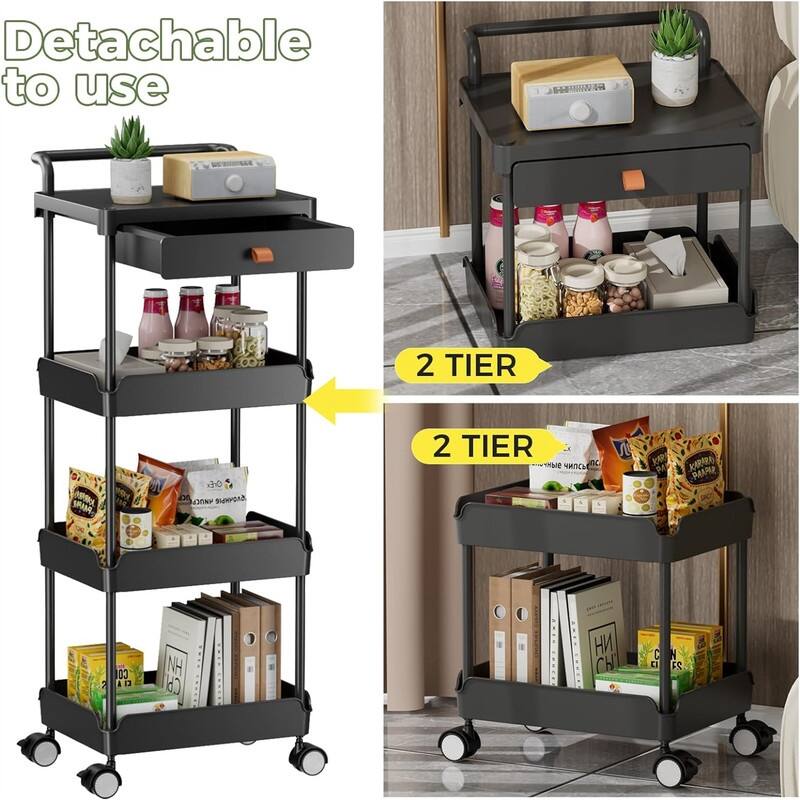 4Tier Rolling Utility Cart with Drawer - 12.9"D x 14.5"W x 41.1"H
