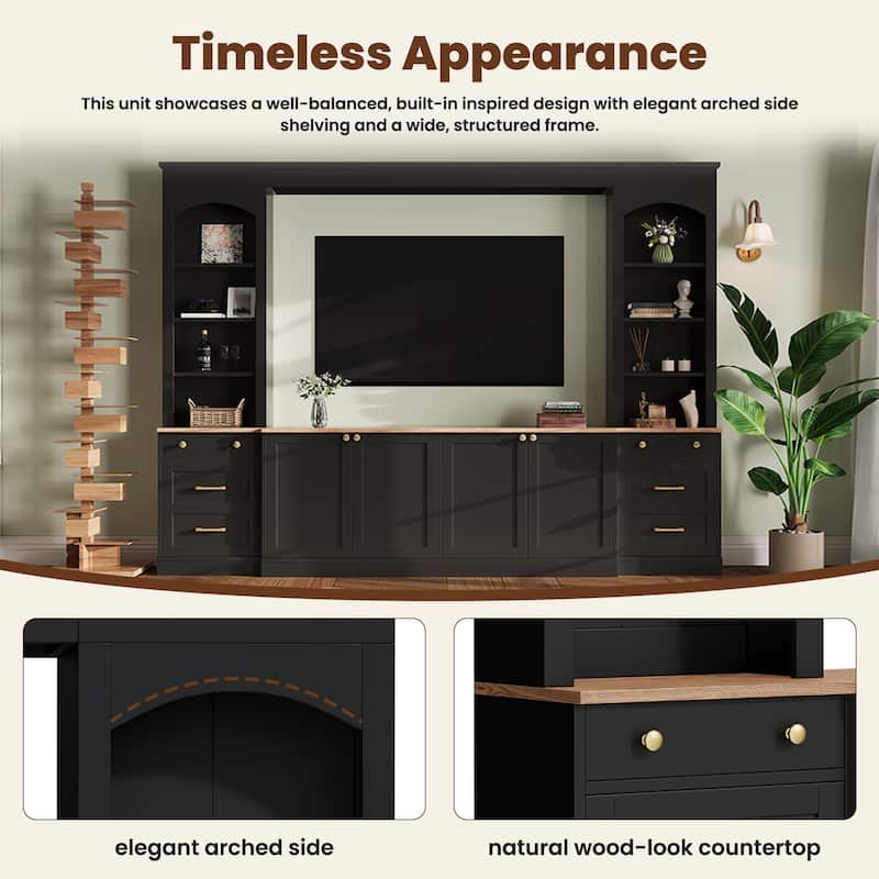 Farmhouse Arched Entertainment Center Wall Unit with Bookshelf,for TVs Up to 70",106"Multi-Functional Media Console with Drawer