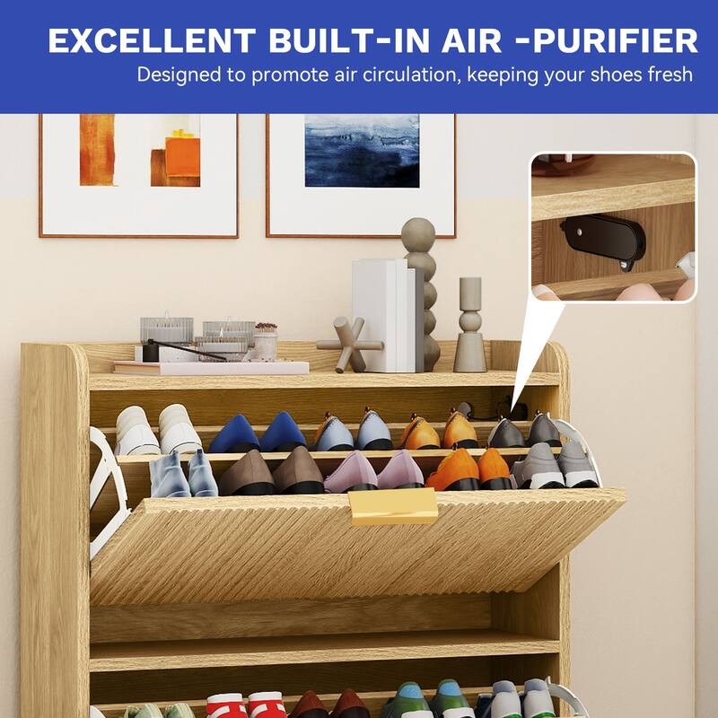Moasis Fluted Shoe Cabinet with Air Purifier and Flip Drawers for Entryway Storage Natural