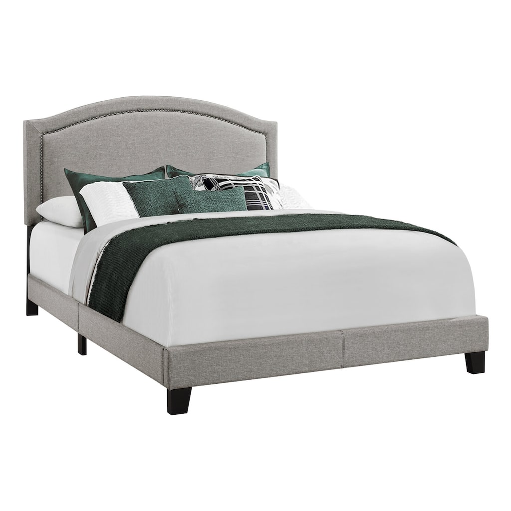 Stylish Grey Linen-Look Platform Bed Frame with Black Wood Feet and Cushioned Headboard for a Modern Bedroom