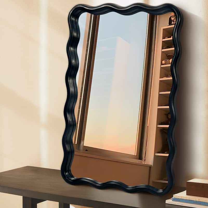 Scalloped Wood Frame Rectangle Wavy Wall Mirror - 24x36 - Black