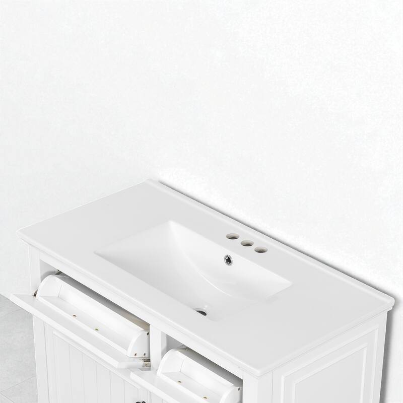 36" Bathroom Vanity with Ceramic Sink, Solid Wood Frame, 4 Drawers and Adjustable Shelf, Freestanding Cabinet
