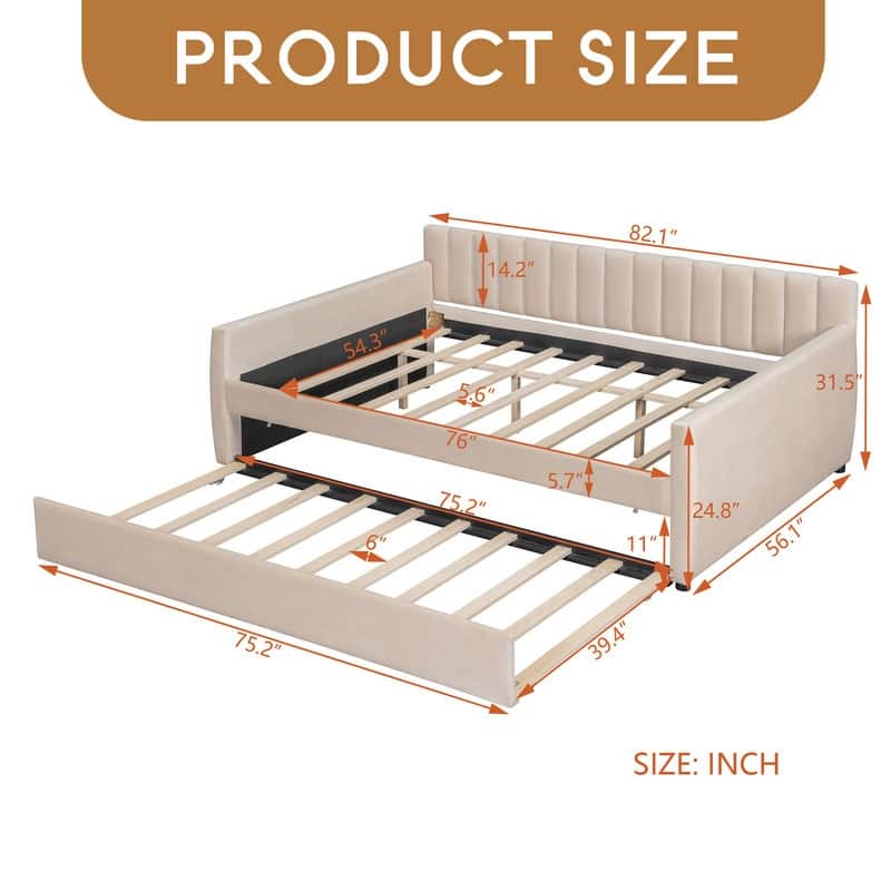 Full Size Upholstered daybed with Trundle and Wood Slat Support