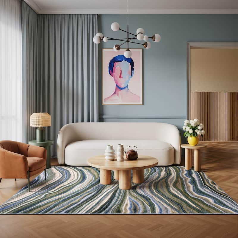 Tobias Abstract Waves Green/ Blue Area Rug - 5' 3" x 7' 6" - Rectangle