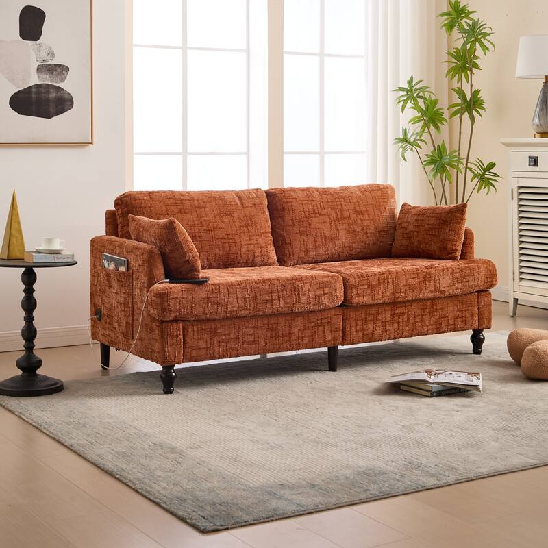 Modern Style Chenille 2-Seater Wood-Legged Sofa With Led Light, Usb Charging Port And Storage Bag Living Room Bedroom Study Room