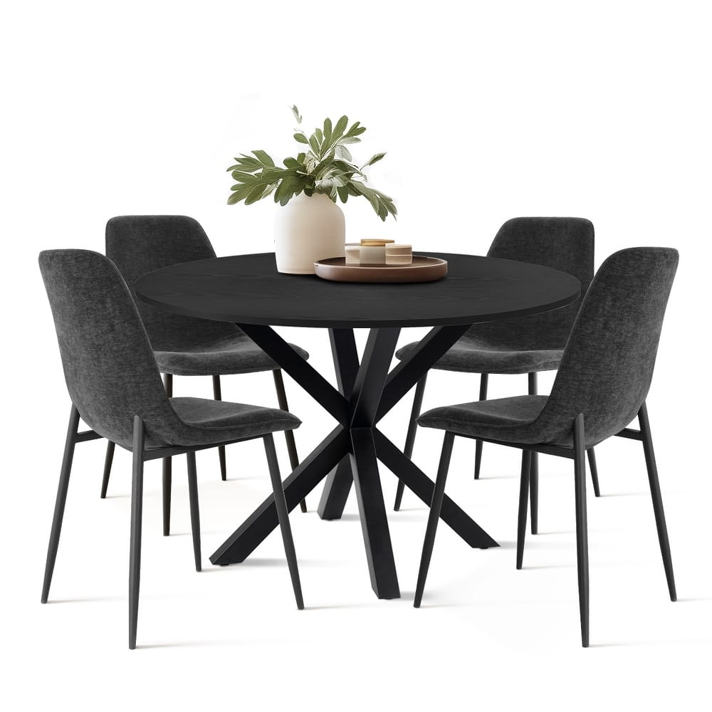 Round Dining Table Set for 4 with Upholstered Chairs and Pedestal Base