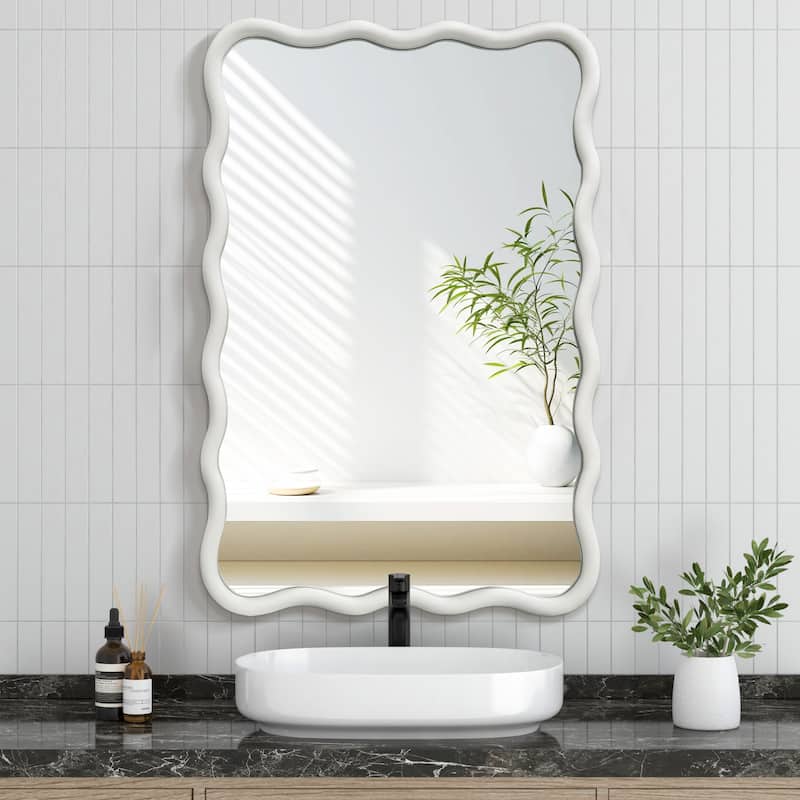 Scalloped Wood Frame Rectangle Wavy Wall Mirror - 24x36 - White