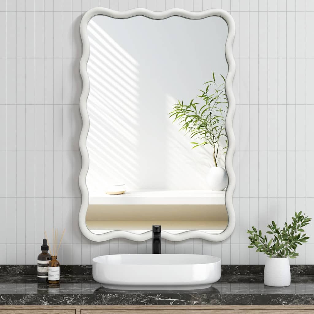 Scalloped Wood Frame Rectangle Wavy Wall Mirror