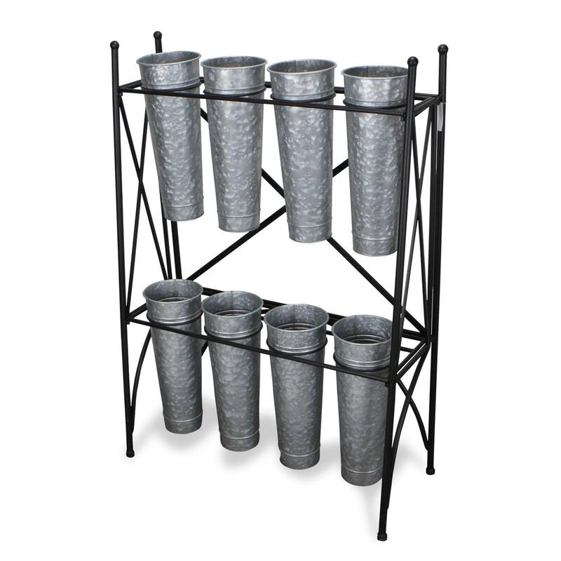 41" Gray and Black Plant Stand with 8 Galvanized Planter Pots