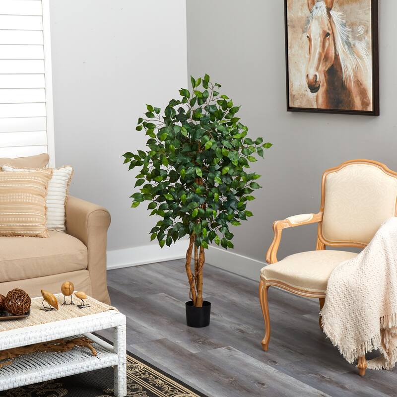 4ft Artificial Silk Tree - Indoor Floor Plant with Realistic Greenery & Black Planter - 4ft.
