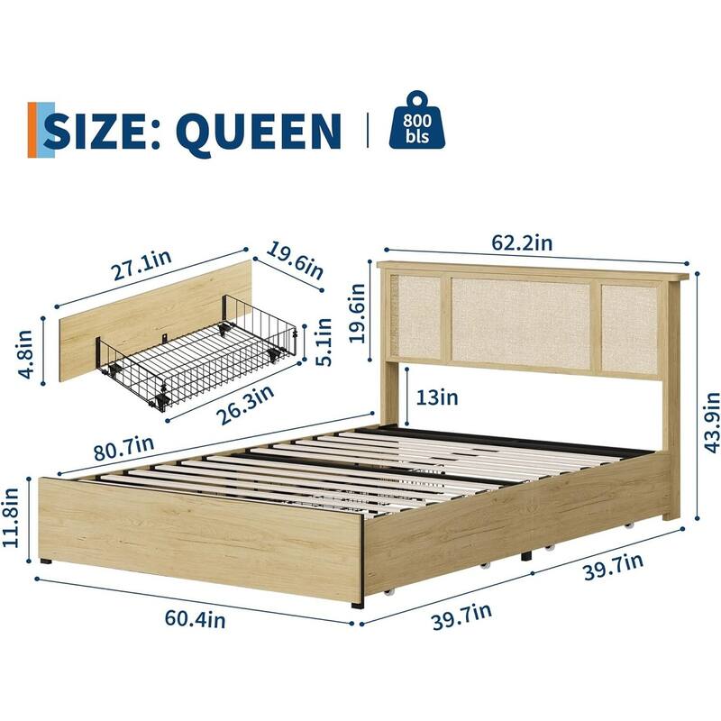 Boho-Style Platform Bed Frame with Natural Rattan Headboard, 4 Drawers, No Box Spring Required
