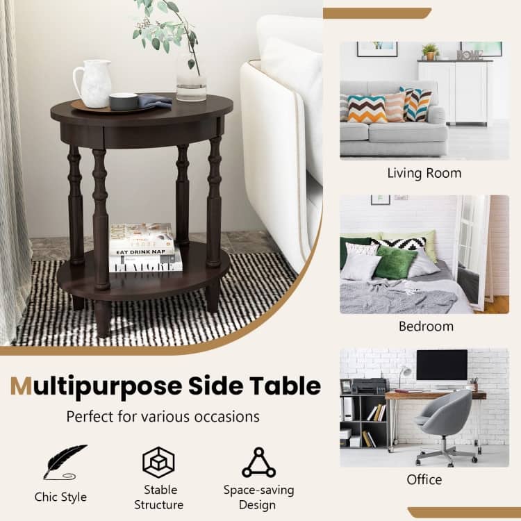 Mid Century Modern 2-Tier Oval Side Table with Storage Shelf - 20.5" x 15.5" x 24.5" (L x W x H)