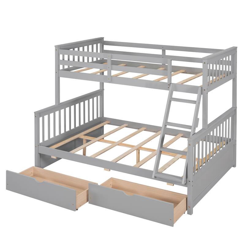 Twin-Over-Full Bunk Bed with Ladders and Two Storage Drawers in Gray