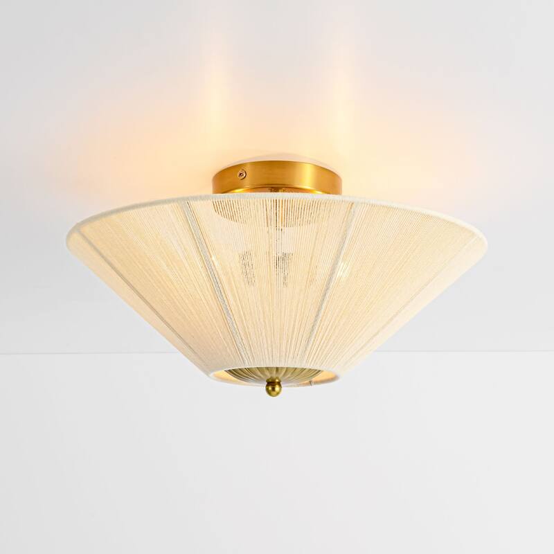 2-Light Modern Contempoary Beige Hand-Woven Shade Semi-Flush Mount Ceiling Light - 14.96 in. W x 7.87 in. H x 14.96 in. D