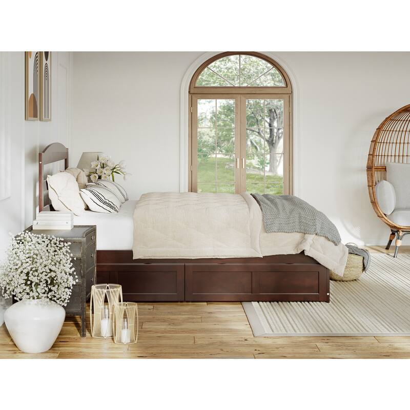 Platform Bed with Drawers, Full Size Bed Frame, Solid Wood & Veneer, Walnut Finish, Modern Bedroom Furniture