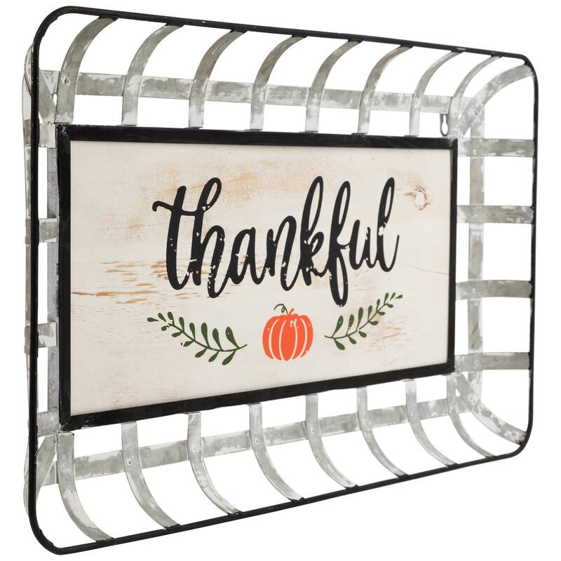24" Silver and White With a Pumpkin "Thankful" Rectangular Fall Serving Tray Sign