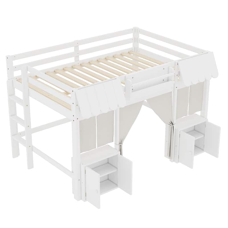 Fairy Tale Cottage Loft Bed with Tent, Bookshelf and Storage Cabinets