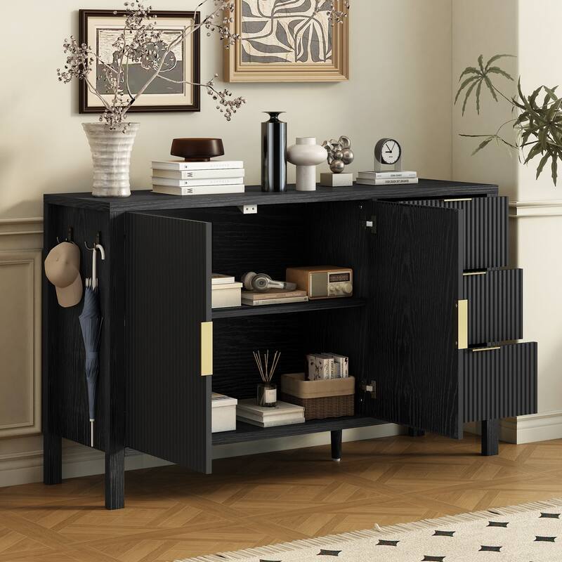 Roomfitters Sideboard Buffet Cabinet with 3 Drawers, 2 Door Mid-century Fluted Accent Storage for Kitchen & Dining