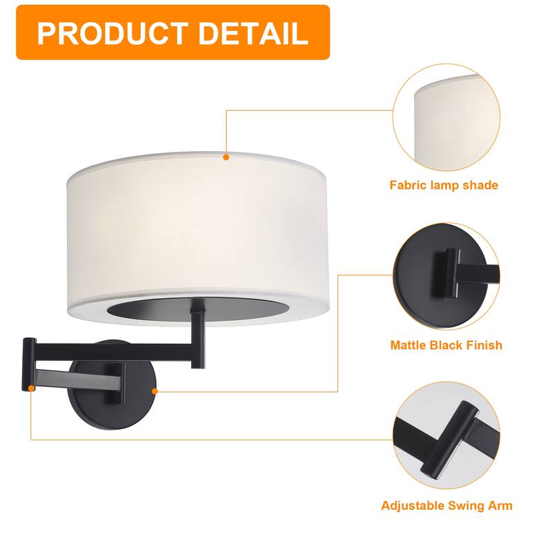 1 - Light Cylindrical Wall Sconce with Fabric Shade - Matte Black