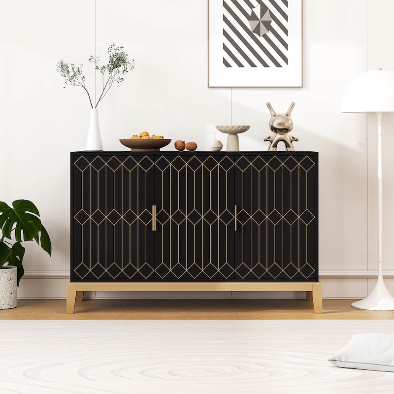 Carved Line 3 Door Storage Cabinet, Sideboard Buffet Cabinet With Adjustable Shelf, Large Storage Accent Cabinet - Antique Black