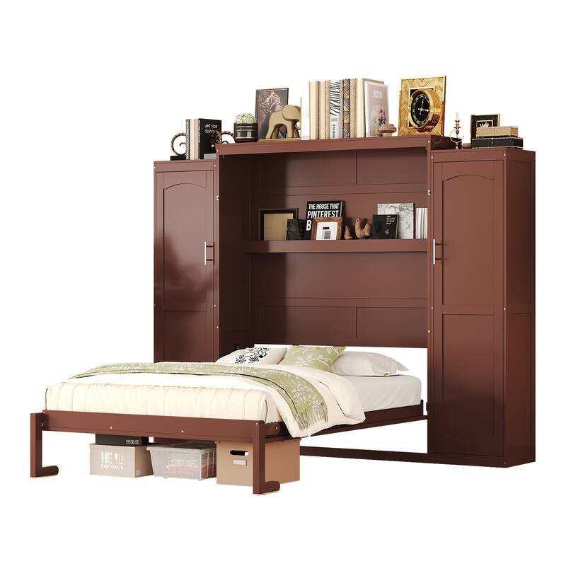 Full Size Murphy Bed, Wooden Full Wall Bed with 2 Wardrobe and Storage Shelf, Multifunctional Foldable Platform Bedframe