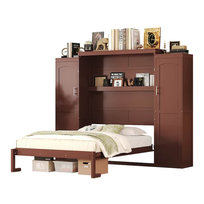 Quality Multifunctional Full Size Murphy Bed, Foldable Wooden Wall Bed w/ 2 Wardrobe & Storage Shelf for Guestroom, Bedroom