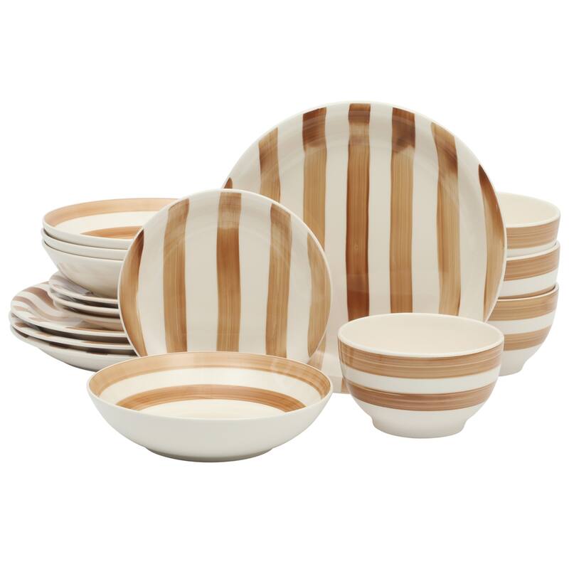 Gibson Home Kenwood Shores 16 Piece Stoneware Dinnerware Set, Hand-Painted Plates and Bowls, Service for 4 - Brown