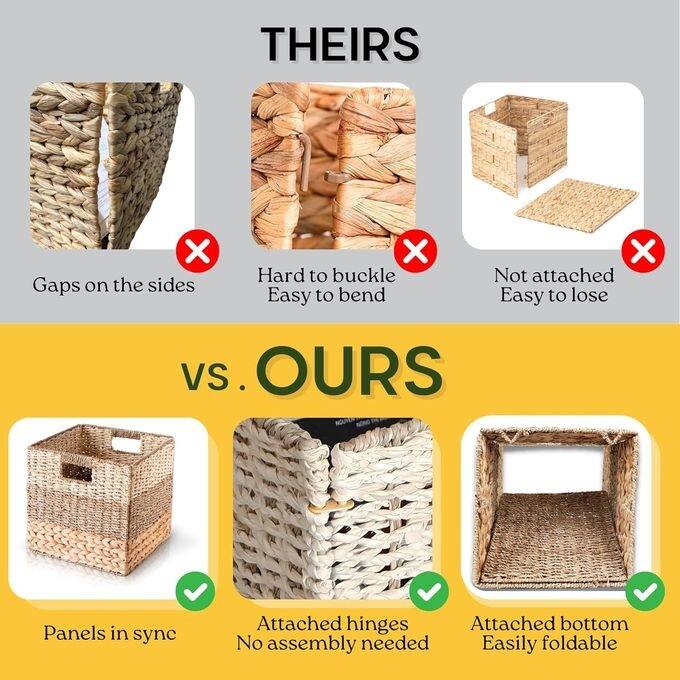 Wicker Storage Cubes Collapsible Natural Wicker Cube Storage Box Heavy Duty Hyacinth Storage Basket Set of 4