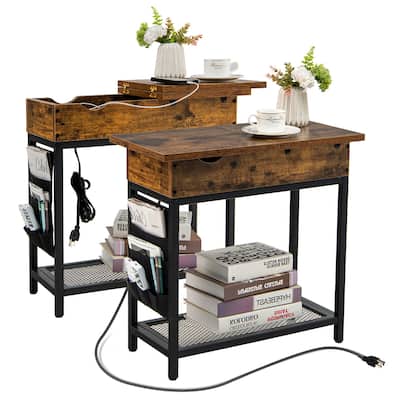 Gymax 2PCS End Table Charging Station Industrial Nightstand Flip Top