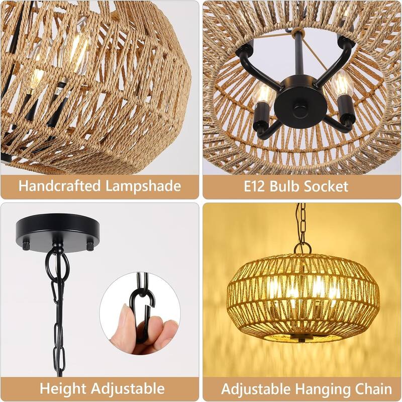 Farmhouse Rattan Pendant Lights,15.7" 4-Light Boho Chandelier Light Fixture,Wicker Hand Woven Basket Pendant Hanging