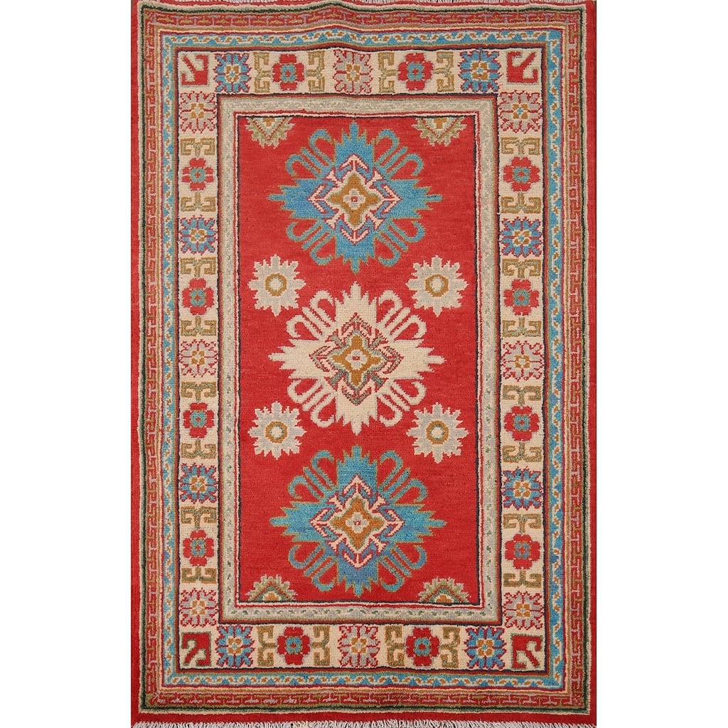 Red Kazak Foyer Rug Handmade Geometric Red Wool Carpet - 2'9" x 4'2"