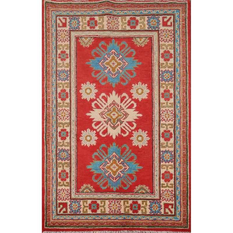 Red Kazak Foyer Rug Handmade Geometric Red Wool Carpet - 2'9" x 4'2"