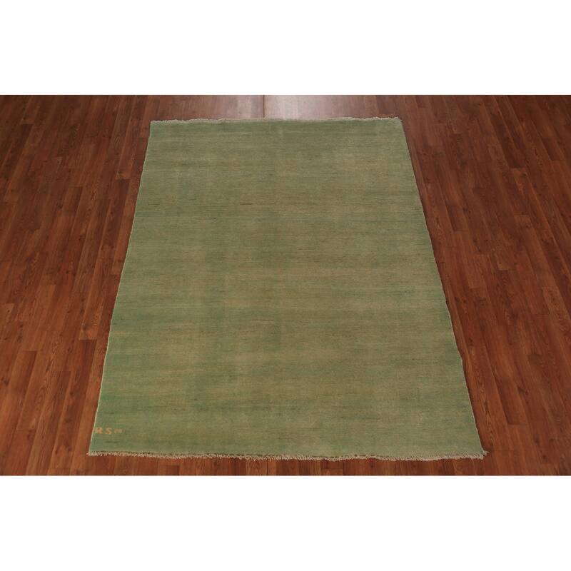 Modern Gabbeh Oriental Area Rug Handmade Green Wool Carpet - 5'0" x 6'7"