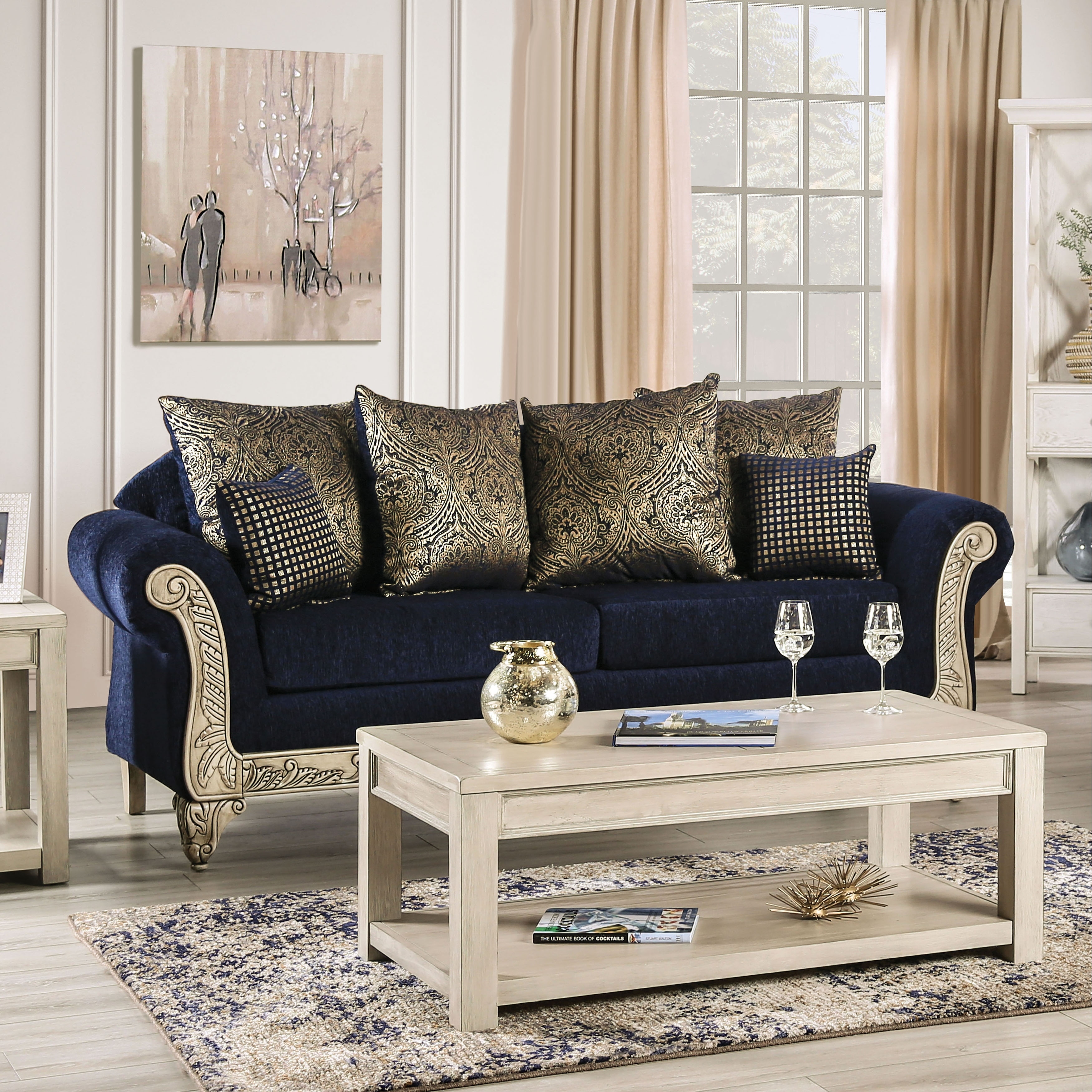 Merzer Traditional Royal Blue Chenille Upholstered Sofa by