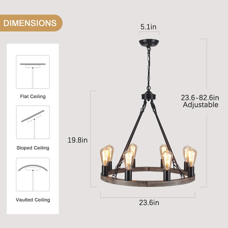 8-Light Circle Wagon Wheel Farmhouse Foyer Chandelier Linear Island Chandelier Lighting for Dining Room
