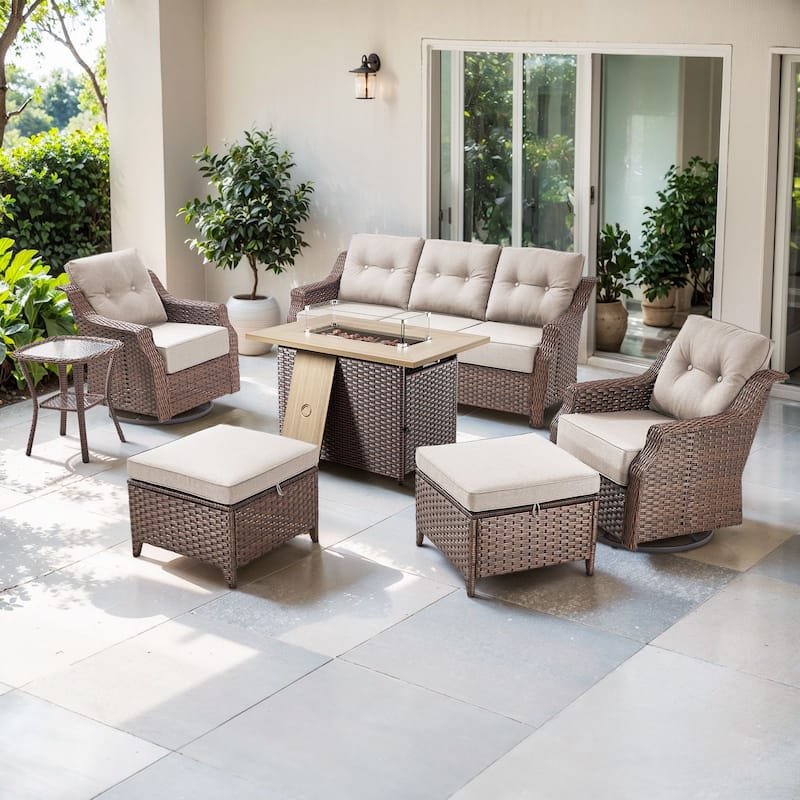 Artisan Brown Wicker Patio Fire Pit Conversation Set with 3-Seat Sofa & Swivel Gliders - Beige - 7-Piece