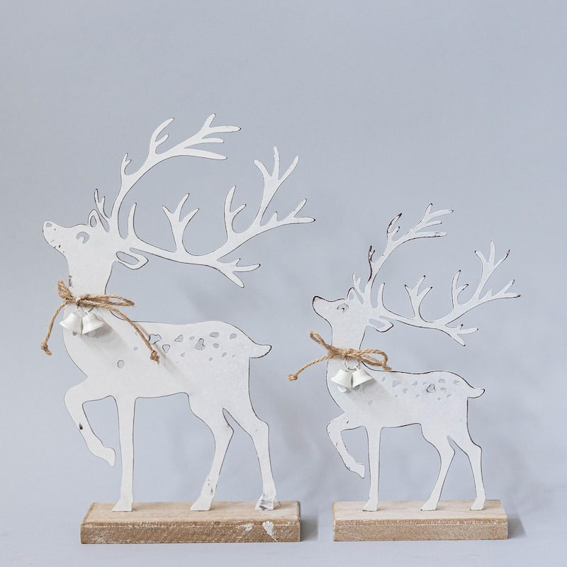 Set Of 2 Metal Reindeer On Wooden Base Figurine