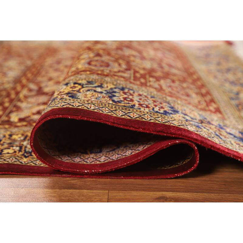Hand Knotted Oriental Silk Carpet Traditional Floral Red Qum Area Rug - 4' 10'' X 3' 3''