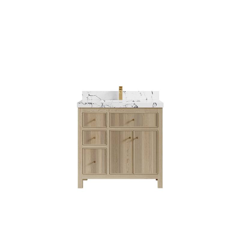 Willow Collections 36 x 22 Sonoma Oak Wood Center Sink Right Bathroom Vanity with Quartz or Marble Countertop