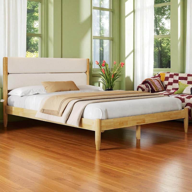 Queen/King Solid Wood Bed Frame with Fleece Upholstered Headboard and Tapered Legs, No Box Spring Needed - Lvory - Queen