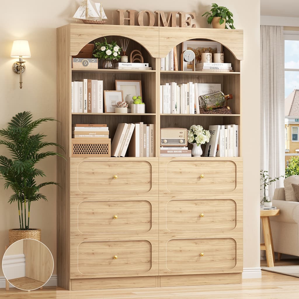 80'' Tall Arched Bookcase with 3 Drawers, Storage Bookshelves/ Pantry with Open Shelves