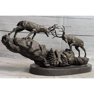 Elk Caribou Deer Stag Duel Fight Bronze Sculpture Statue Decor On Marble Base