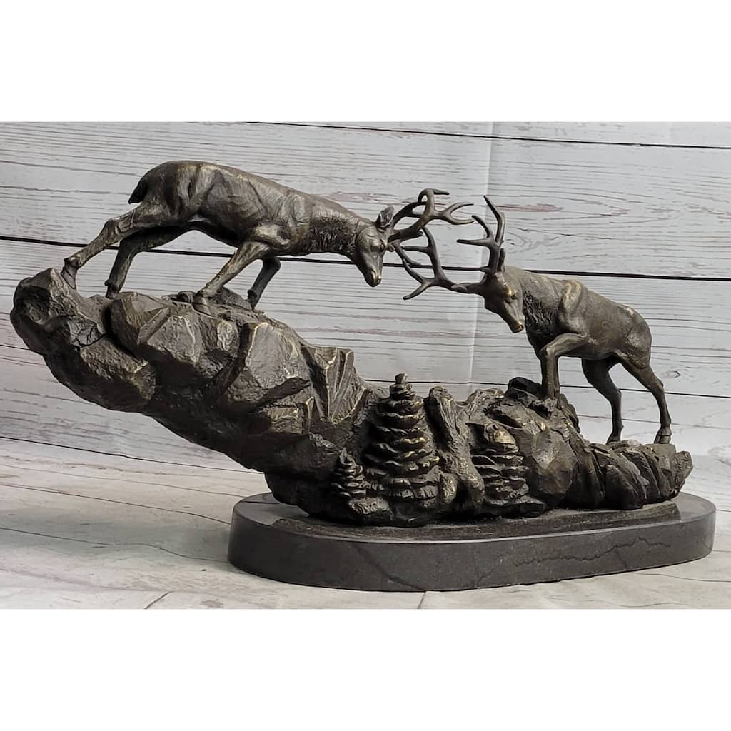 Elk Caribou Deer Stag Duel Fight Bronze Sculpture Statue Decor On Marble Base