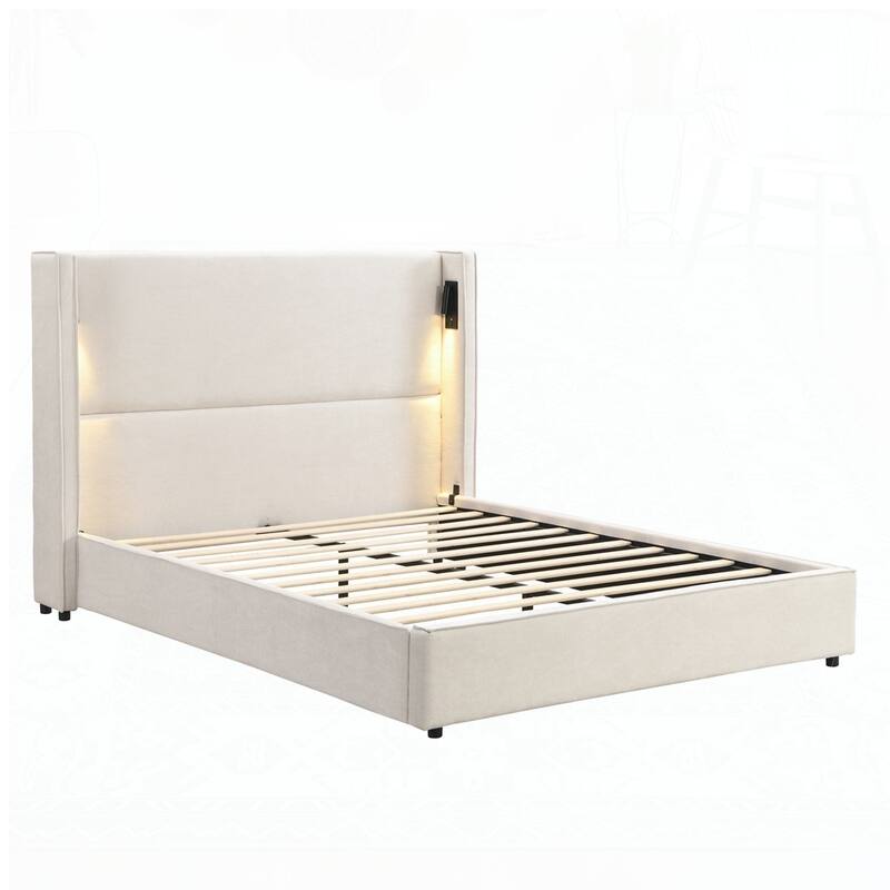 Upholstered Bed Frame with High Wingback Headboard,Reading Lamp and USB port