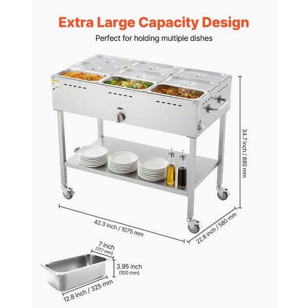 dimension image slide 1 of 4, UIMOSO Commercial Propane Steam Table,LP Gas Outdoor Soup Warmer with Drain Valve and Wheels,Stainless Steel Propane Food Warmer