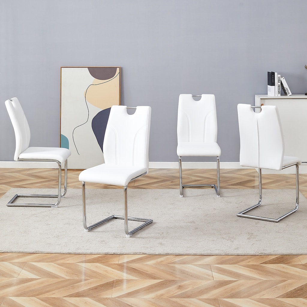 Roomfitters Set of 4 White PU Dining Chairs with Silver Legs, Modern Design for Dining or Office