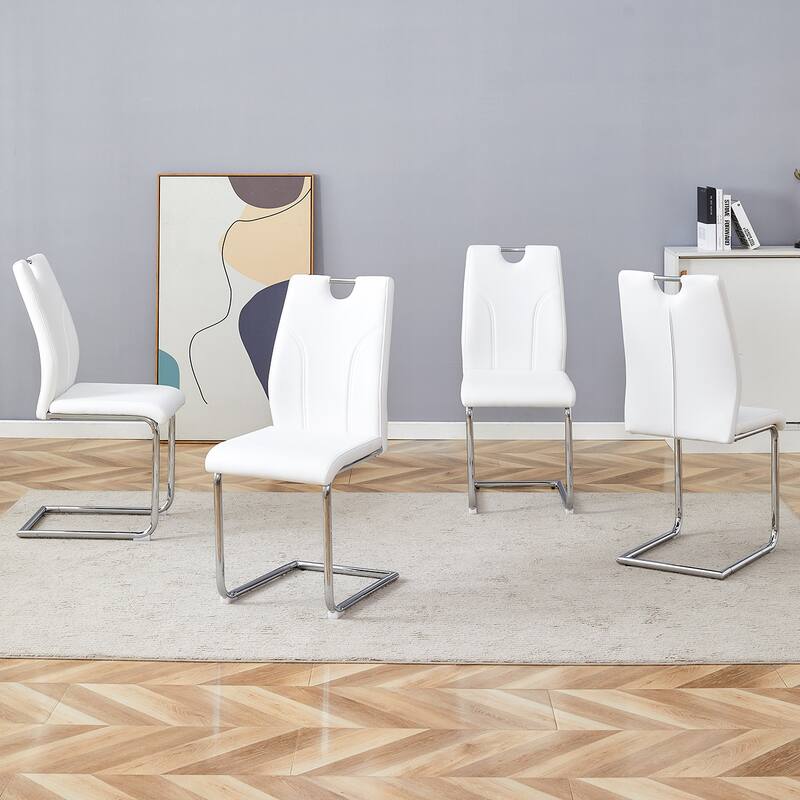Set of 4 Modern Dining Chairs, with Faux Leather Padded Seat, Dining Living Room Chairs, Upholstered Chair - White+Silver