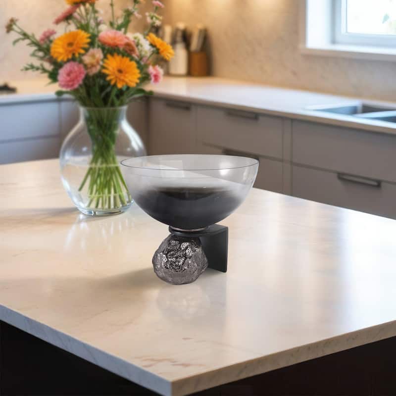 Glass Decorative Bowl with Textured Metal Base and Modern Glam Design